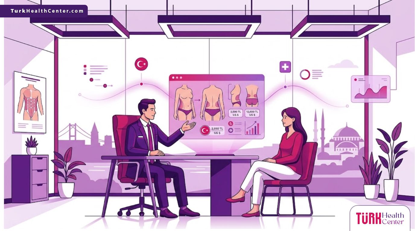 رسوم توضيحية فاخرة لطبيب يشرح إجراءات تكلفة شد الجسم الحزامي في تركيا داخل عيادة عصرية 