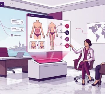 رسوم توضيحية لعيادة طبية حديثة تناقش تكلفة شد الجسم بالليزر في تركيا مع مريض في بيئة احترافية 