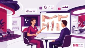 رسم توضيحي فني فاخر لطبيب يشرح تفاصيل تكلفة شد الذراعين في تركيا لمريضة داخل عيادة تجميل حديثة 