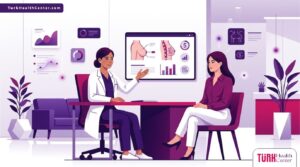 رسم توضيحي عصري يظهر طبيب يشرح تفاصيل تكلفة شد وتكبير الثدي لمريضة في عيادة فاخرة 