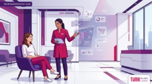 رسوم توضيحية راقية لطبيب يشرح تقنيات و تكلفة شفط الدهون مع شد الجلد لمريض في عيادة فاخرة 