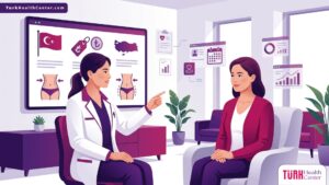 رسم توضيحي لعيادة طبية حديثة يشرح فيها الطبيب تفاصيل تكلفة شفط دهون الأرداف في تركيا 