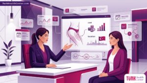 رسم توضيحي متجهي فاخر لطبيب يشرح تفاصيل تكلفة شفط دهون الأفخاذ في تركيا لمريض داخل عيادة حديثة 