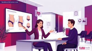 رسم توضيحي يظهر طبيباً يشرح تفاصيل تكلفة شفط دهون البطن في تركيا لمريض داخل عيادة طبية حديثة 