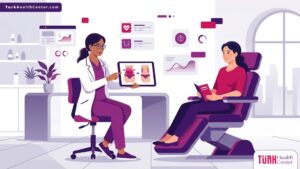 رسم توضيحي يظهر طبيباً يشرح تفاصيل تكلفة شفط دهون الخصر في تركيا لمريض داخل عيادة تجميل فاخرة