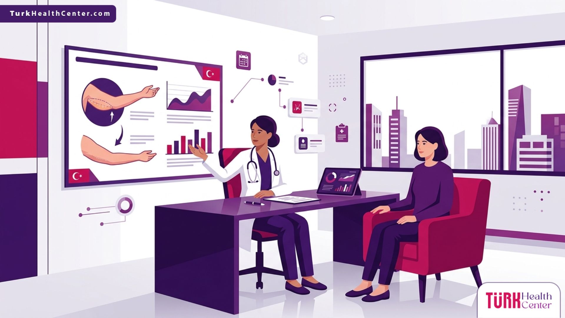 رسم توضيحي لطبيب يشرح للمريضة إجراءات تكلفة شفط دهون الذراعين في تركيا داخل عيادة تجميل حديثة