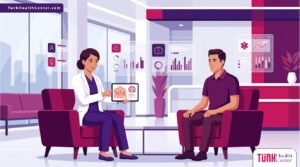 رسم توضيحي يظهر طبيب يشرح تفاصيل تكلفة شفط دهون الصدر للرجال في عيادة حديثة 