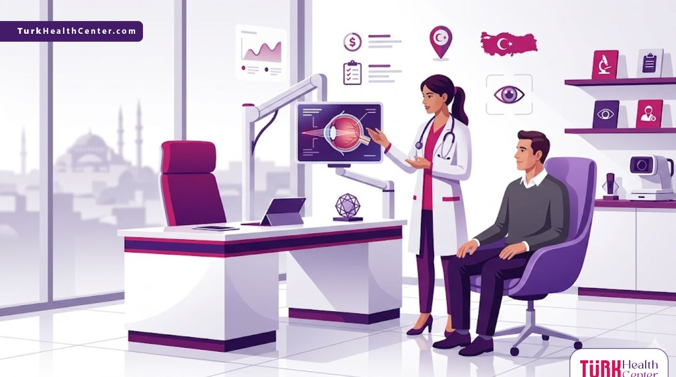 رسم توضيحي حديث يظهر طبيباً يشرح تكلفة علاج الانحراف النظر في تركيا لمريض داخل عيادة فاخرة بألوان أرجوانية وتصميم عصري 