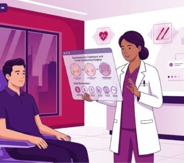 رسم توضيحي يظهر طبيب يشرح تفاصيل تكلفة علاج التثدي وشد الصدر لمريض في عيادة حديثة 