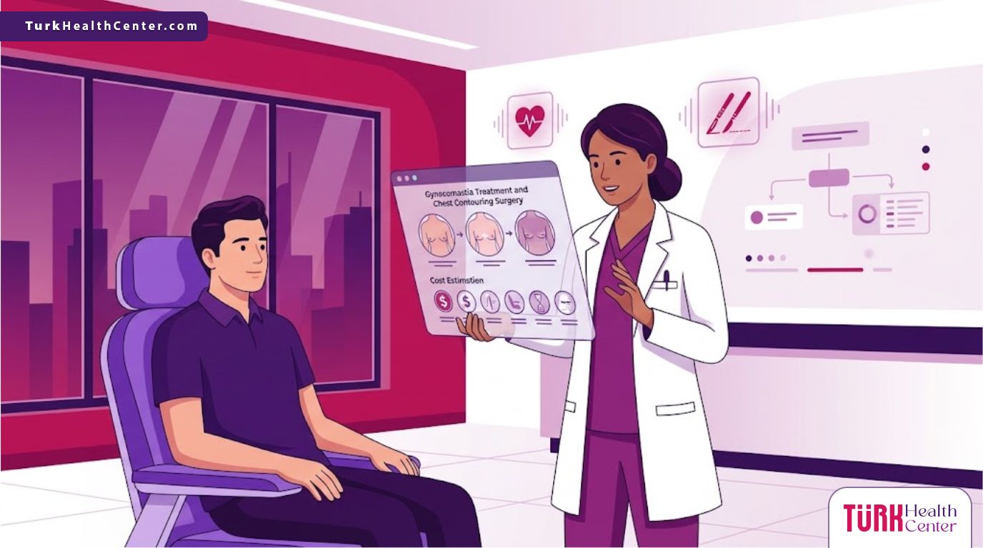 رسم توضيحي يظهر طبيب يشرح تفاصيل تكلفة علاج التثدي وشد الصدر لمريض في عيادة حديثة 