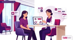 رسم توضيحي يظهر طبيب يشرح تفاصيل تكلفة علاج القرنية المخروطية في تركيا لمريض داخل عيادة عيون فاخرة 