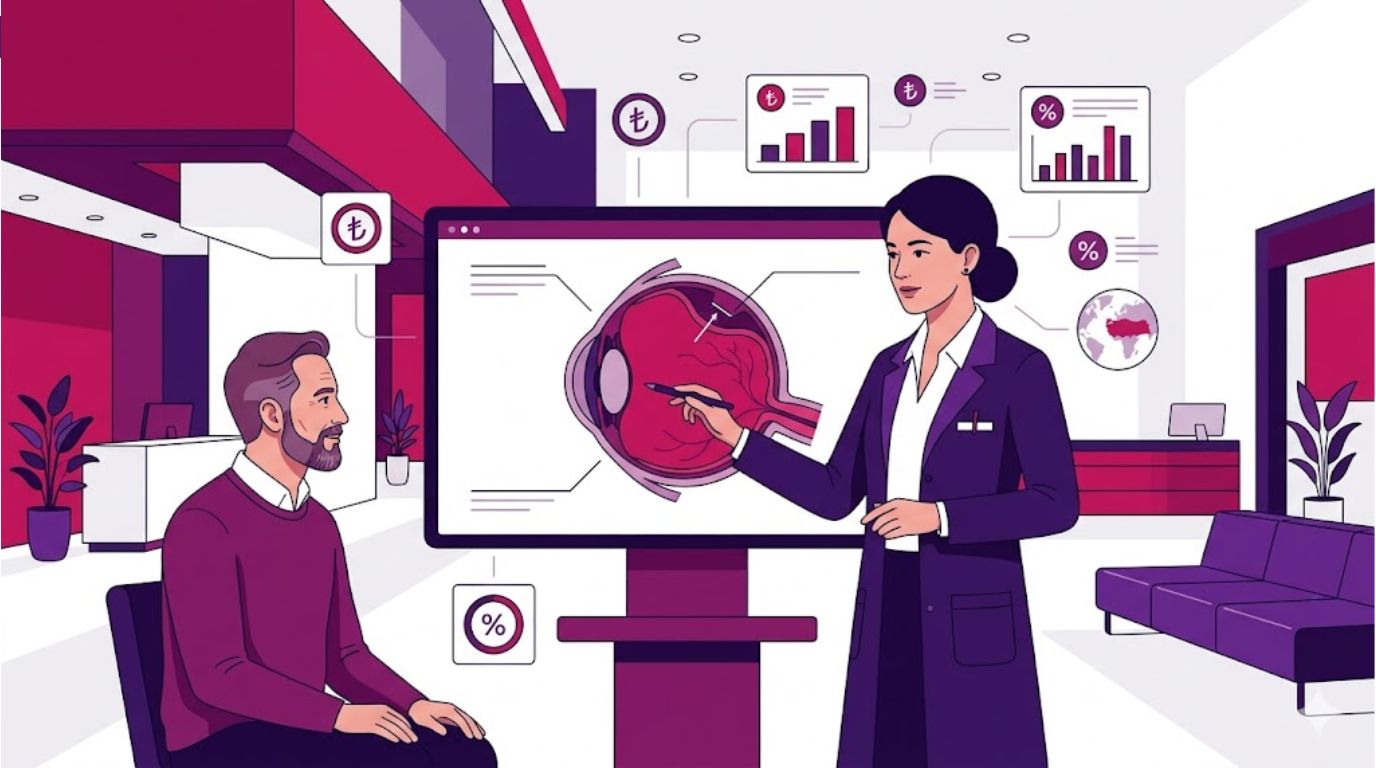 رسم توضيحي يوضح استشارة طبية حول تكلفة علاج انفصال الشبكية في تركيا داخل عيادة حديثة 