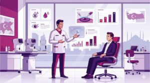 رسم توضيحي يظهر طبيب عيون يشرح للمريض تفاصيل تكلفة علاج جفاف العين في تركيا داخل عيادة حديثة 