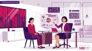 رسم توضيحي عصري لعيادة عيون فخمة حيث يشرح الطبيب تفاصيل تكلفة علاج قصر النظر Myopia للمريض 