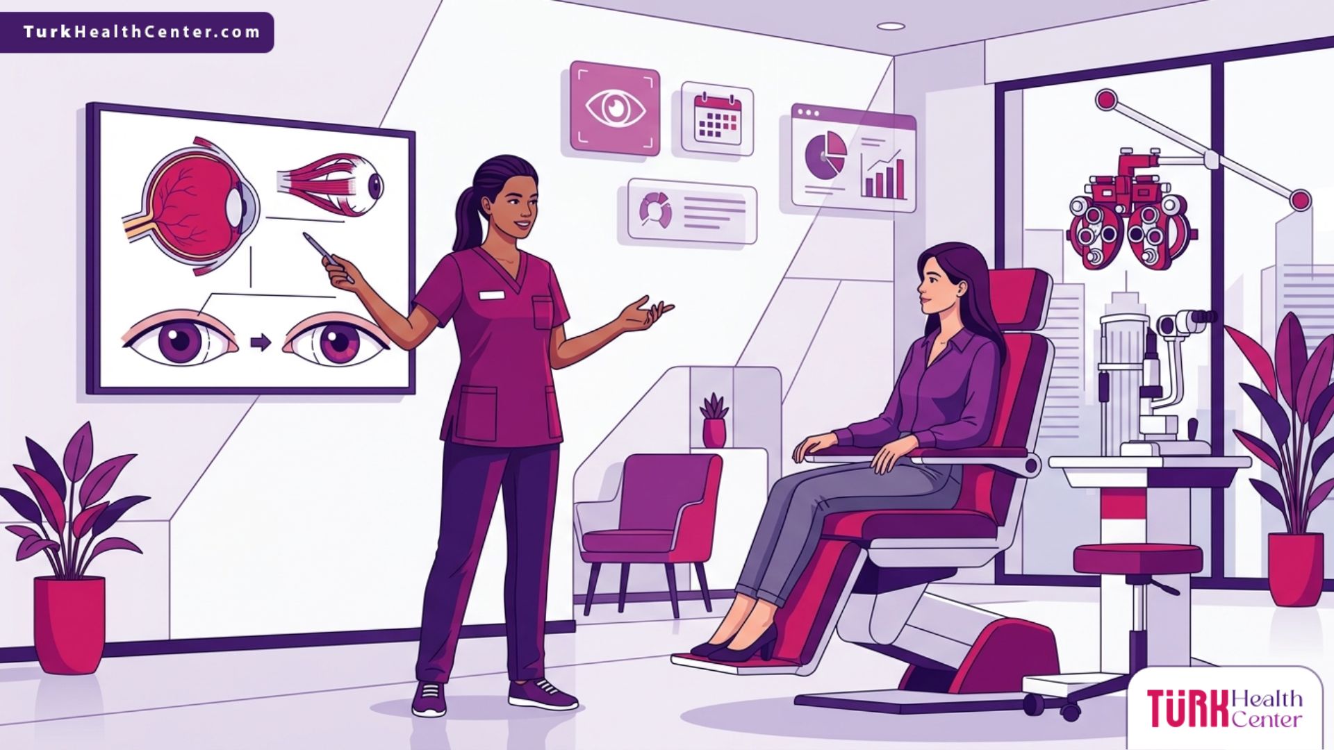 رسم توضيحي يظهر طبيب عيون يشرح للمريض تفاصيل تكلفة عمليات الحول في تركيا داخل عيادة طبية فاخرة 