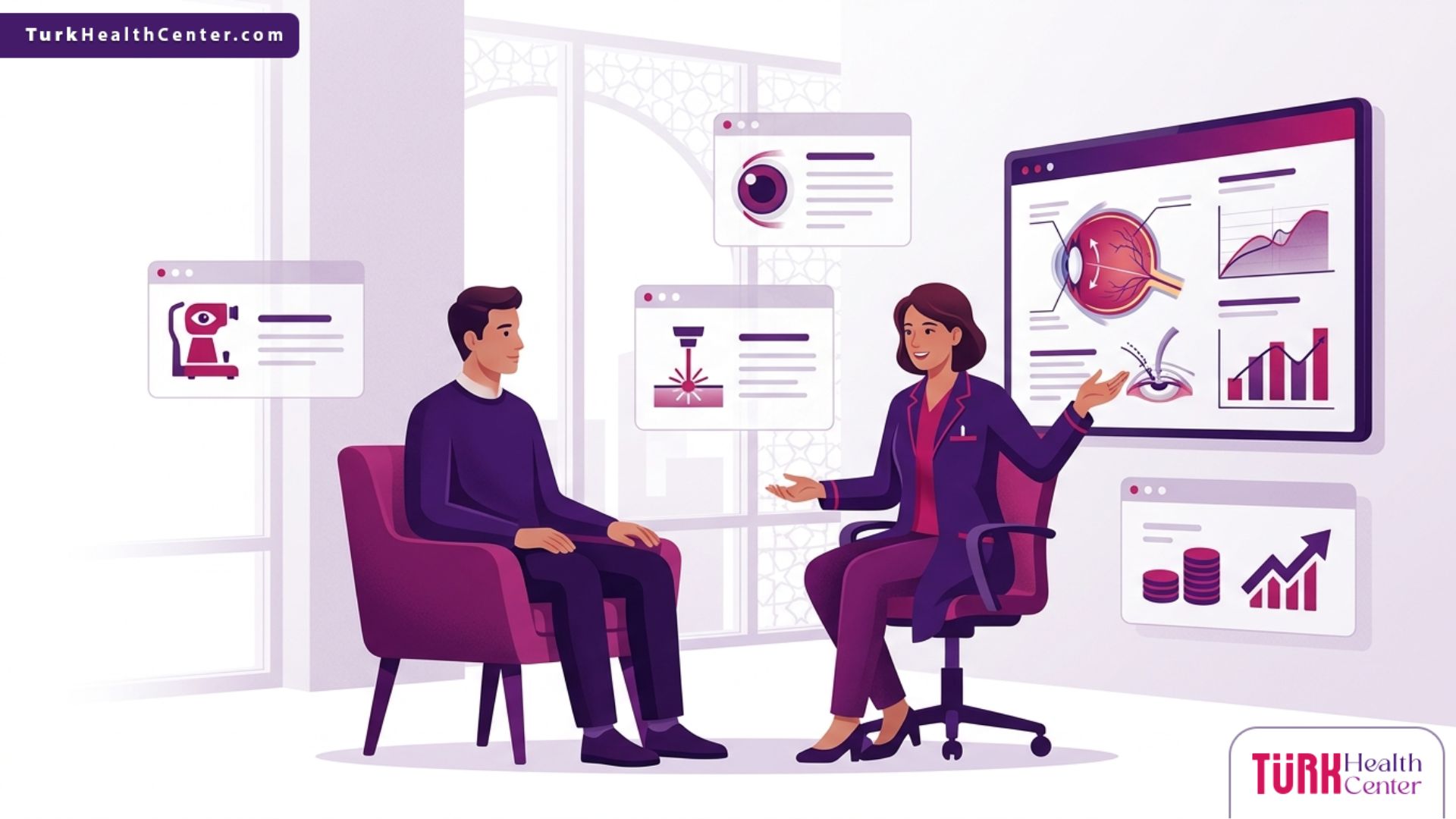 رسم توضيحي يظهر طبيب عيون يشرح تفاصيل تكلفة عمليات ضغط العين في تركيا لمريض داخل عيادة حديثة 