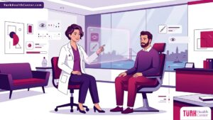 طبيب يشرح تفاصيل تكلفة عملية الفيمتو سمايل في تركيا لمريض داخل عيادة عيون حديثة