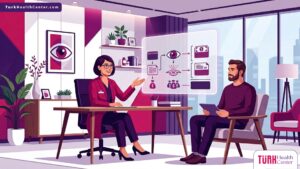 رسم توضيحي يظهر طبيب عيون يشرح للمريض تفاصيل تكلفة عملية الليزر السطحي (PRK) داخل عيادة طبية حديثة 