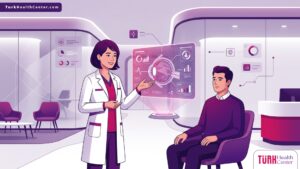 رسم توضيحي يظهر طبيب عيون يشرح تكلفة عملية الليزك التفصيلي في تركيا للمريض داخل عيادة حديثة 