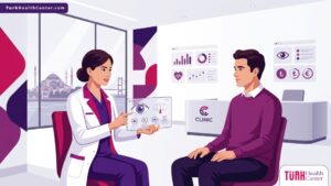 رسم توضيحي لعيادة عيون حديثة تناقش تكلفة عملية الليزك السطحي في تركيا