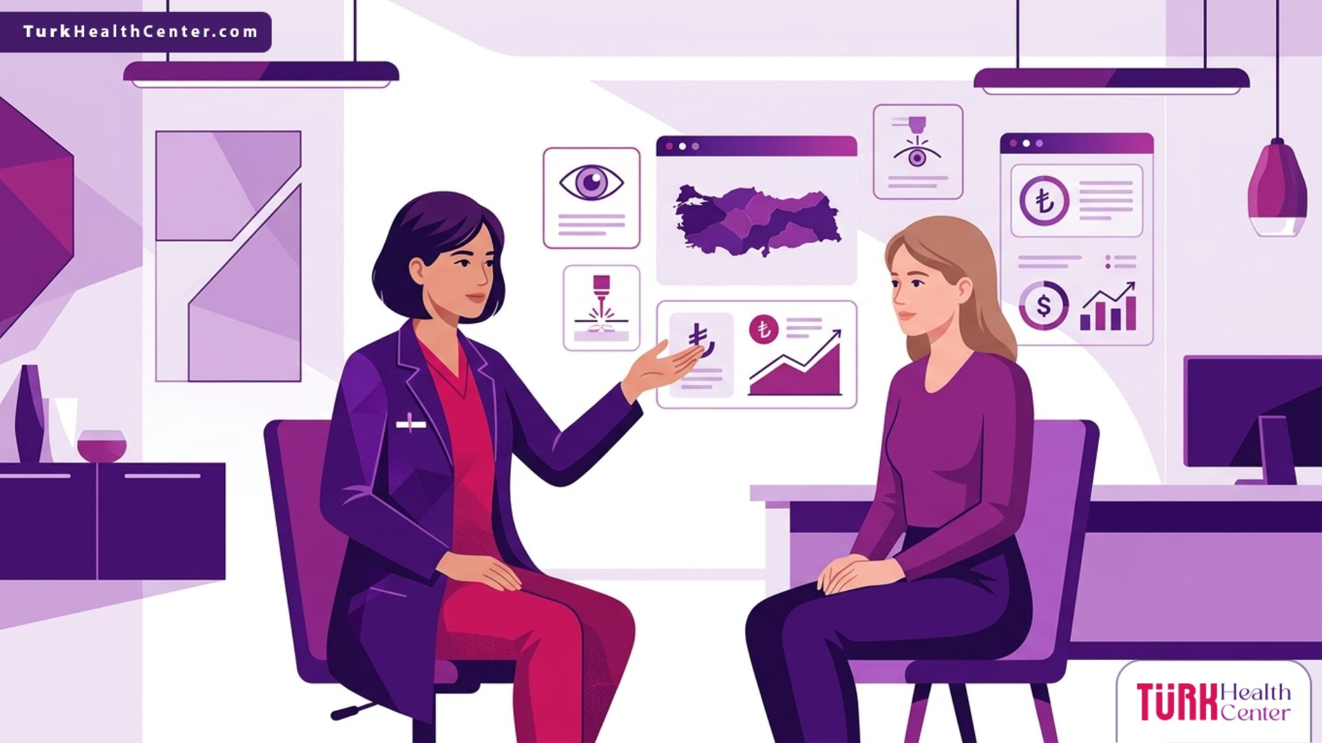 رسم توضيحي لطبيب يشرح تفاصيل تكلفة عملية الليزك في تركيا لمريض داخل عيادة طبية حديثة 