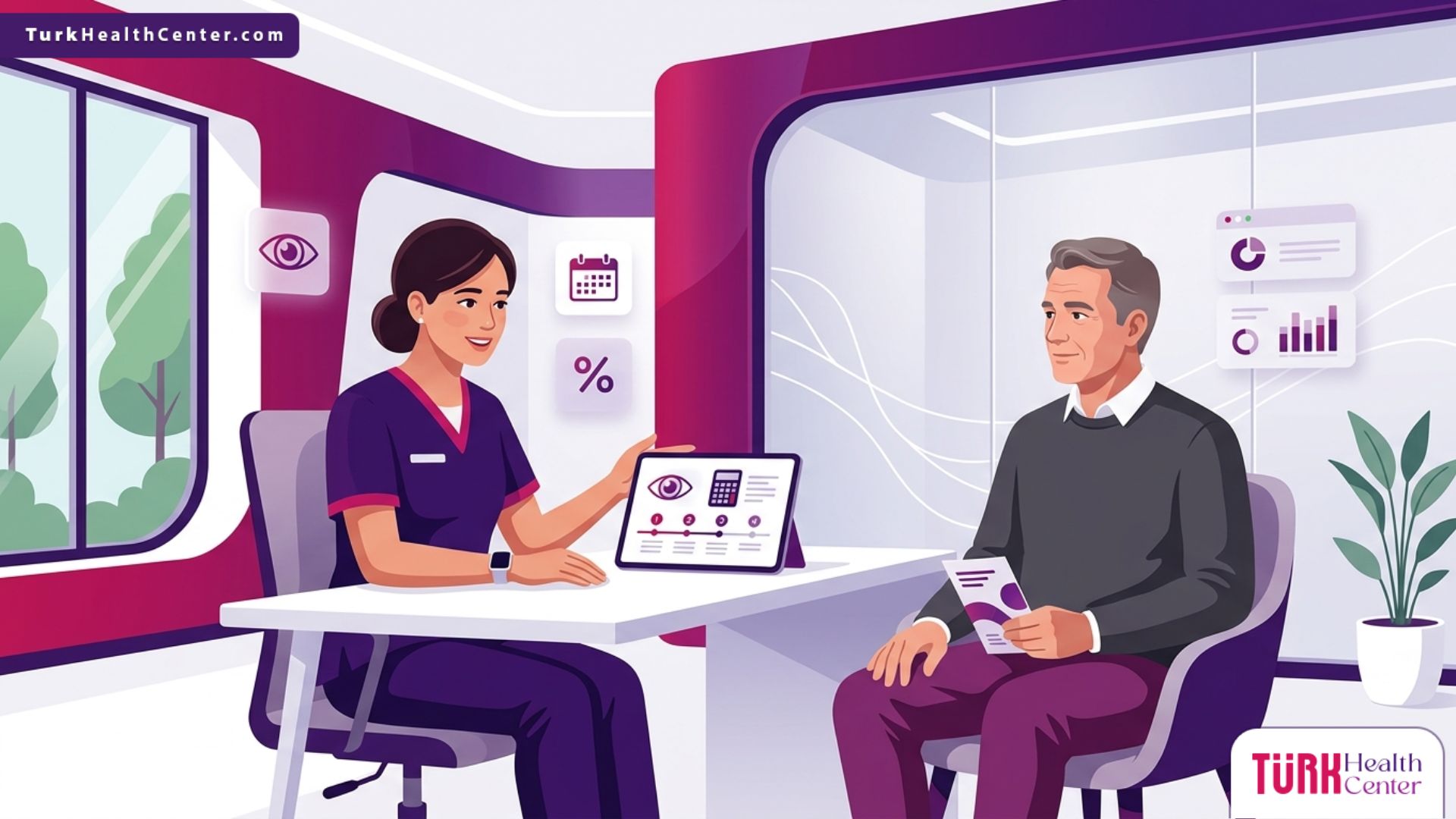 رسم توضيحي لعيادة عيون حديثة تناقش تكلفة عملية المياه البيضاء بالتقسيط مع المريض 