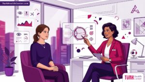 رسم توضيحي يظهر طبيب عيون يشرح تفاصيل تكلفة عملية تثبيت النظر في تركيا لمريض داخل عيادة متطورة 