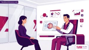 رسم توضيحي يظهر طبيب عيون يشرح للمريض تفاصيل تكلفة عملية ترقيع القرنية في تركيا في عيادة حديثة 