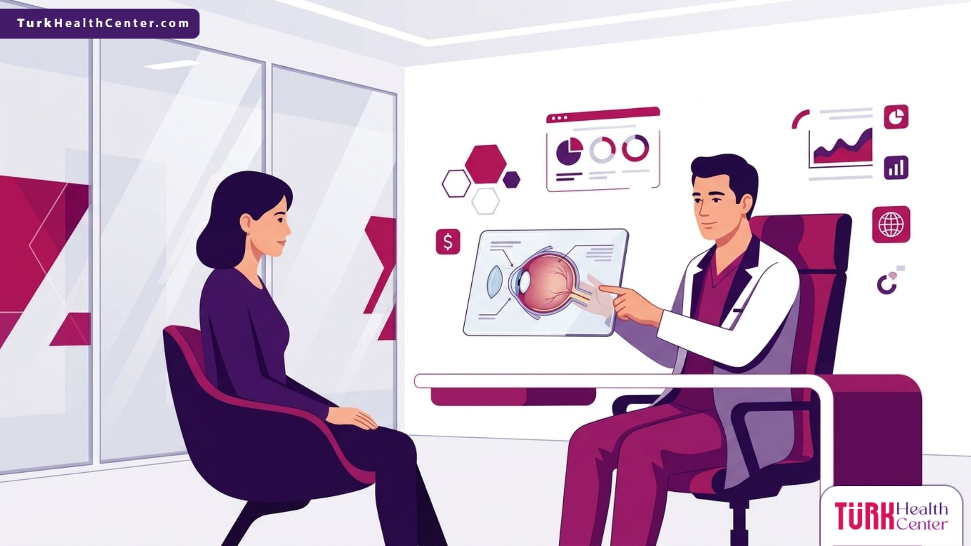 رسم توضيحي يظهر طبيب عيون يشرح للمريض تفاصيل تكلفة عملية ترقيع القرنية في تركيا في عيادة حديثة
