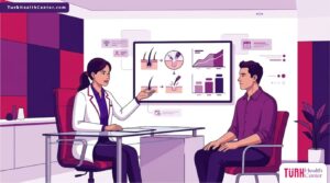 رسم توضيحي يظهر طبيباً يشرح ميزانية وخطوات تكلفة عملية زراعة الشعر لمريض في عيادة حديثة بأسلوب فيكتور راقٍ 