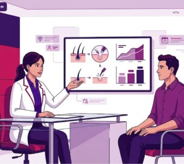 رسم توضيحي يظهر طبيباً يشرح ميزانية وخطوات تكلفة عملية زراعة الشعر لمريض في عيادة حديثة بأسلوب فيكتور راقٍ 