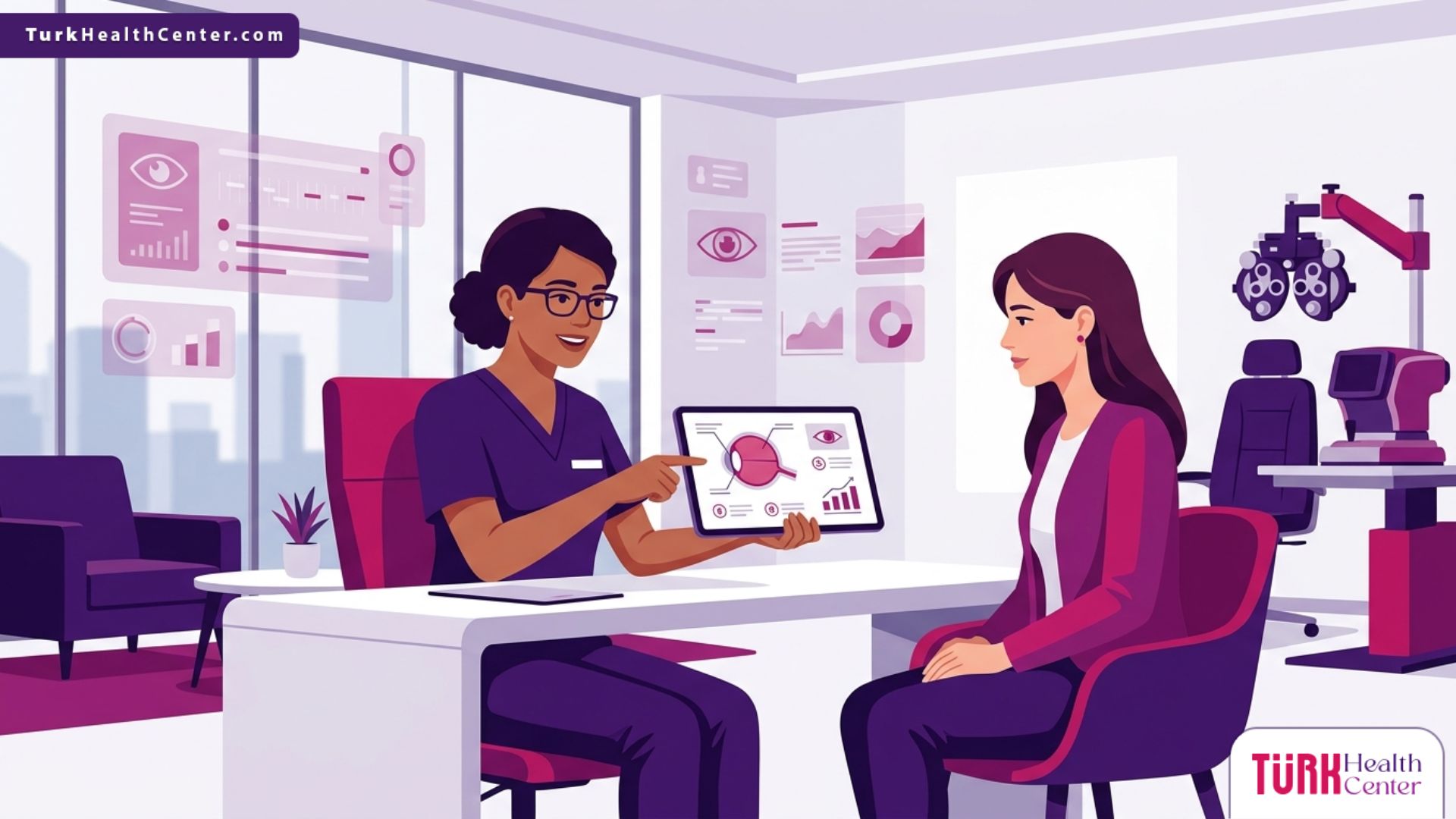 رسم توضيحي طبي عالي الجودة لطبيب يشرح للمريض تفاصيل تكلفة عملية زرع العدسات لتصحيح النظر داخل عيادة عيون حديثة ومجهزة