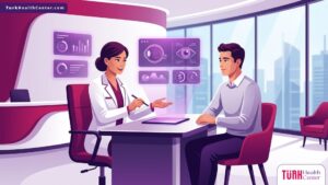 رسم توضيحي يظهر طبيب عيون يشرح تفاصيل تكلفة عملية سمايل برو في تركيا لمريض داخل عيادة حديثة 