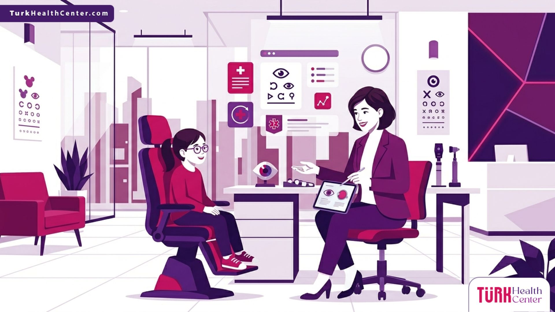 رسم توضيحي يظهر طبيباً يشرح تفاصيل تكلفة فحص نظر الأطفال في تركيا لطفل هادئ داخل عيادة حديثة 