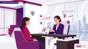 رسم توضيحي يظهر طبيب يشرح تفاصيل تكلفة نحت الجسم بالجي بلازما في تركيا لمريض في عيادة فاخرة 