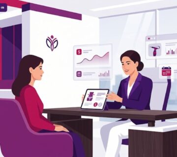 رسم توضيحي يظهر طبيب يشرح تفاصيل تكلفة نحت الجسم بالجي بلازما في تركيا لمريض في عيادة فاخرة 