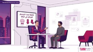رسوم توضيحية فاخرة تظهر طبيباً يشرح تفاصيل تكلفة نحت الجسم للرجال في تركيا لمريض داخل عيادة عصرية 
