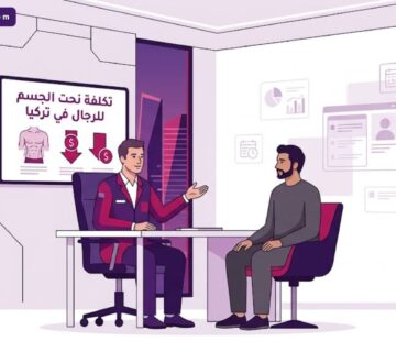 رسوم توضيحية فاخرة تظهر طبيباً يشرح تفاصيل تكلفة نحت الجسم للرجال في تركيا لمريض داخل عيادة عصرية 