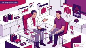 رسم توضيحي عصري لعيادة فاخرة يوضح شرح الطبيب حول تكلفة نحت عضلات الصدر والمزايا المتوقعة 