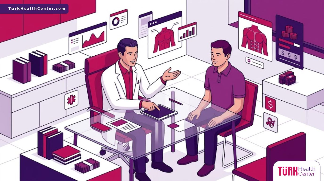 رسم توضيحي عصري لعيادة فاخرة يوضح شرح الطبيب حول تكلفة نحت عضلات الصدر والمزايا المتوقعة 