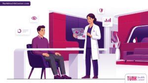 تصميم متجهي يوضح استشارة طبية حول تكلفة ويف فرونت لتصحيح النظر في تركيا داخل عيادة عيون حديثة وفاخرة 