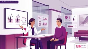 رسم توضيحي يظهر طبيب يشرح تكنولوجيا زراعة الشعر للمريض داخل عيادة فاخرة بألوان أرجوانية عصرية 