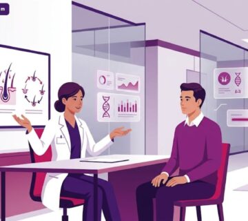 رسم توضيحي يظهر طبيب يشرح تكنولوجيا زراعة الشعر للمريض داخل عيادة فاخرة بألوان أرجوانية عصرية 