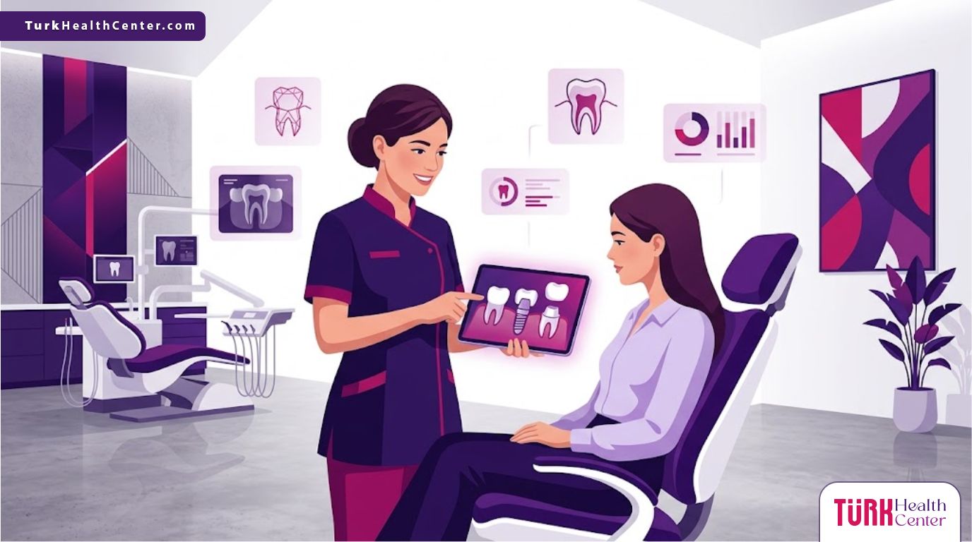 رسم توضيحي يظهر طبيب يشرح إجراءات تركيب تيجان الزيركون في تركيا لمريض داخل عيادة فاخرة 