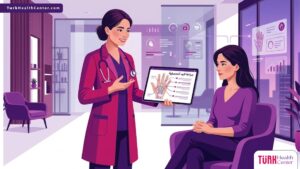 رسوم توضيحية لعيادة طبية فاخرة يشرح فيها الطبيب إجراءات جراحة اليد التجميلية للمريض 