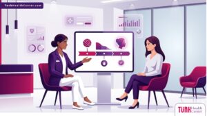 رسم توضيحي يظهر طبيب يشرح للمريض متى تظهر نتائج جراحة التجميل؟ في عيادة فاخرة بأسلوب فيكتور حديث 