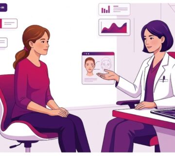 رسم توضيحي عصري لعيادة طبية يظهر طبيباً يشرح خطوات جراحة التجميل بعد الحوادث لمريض بأسلوب فيكتور راقي 