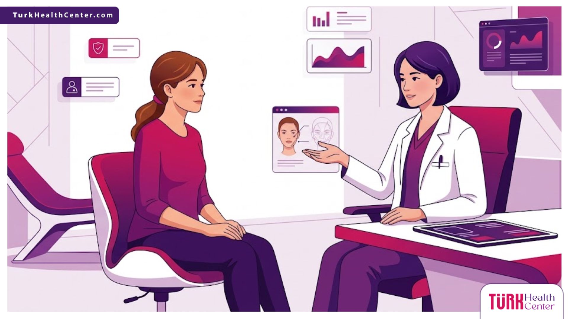 رسم توضيحي عصري لعيادة طبية يظهر طبيباً يشرح خطوات جراحة التجميل بعد الحوادث لمريض بأسلوب فيكتور راقي 