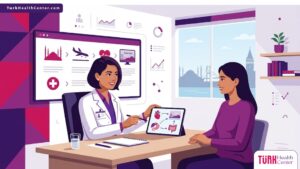 رسوم توضيحية فاخرة تظهر طبيباً يشرح خطوات السياحة الطبية في إسطنبول لمريض في عيادة عصرية 