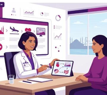 رسوم توضيحية فاخرة تظهر طبيباً يشرح خطوات السياحة الطبية في إسطنبول لمريض في عيادة عصرية 